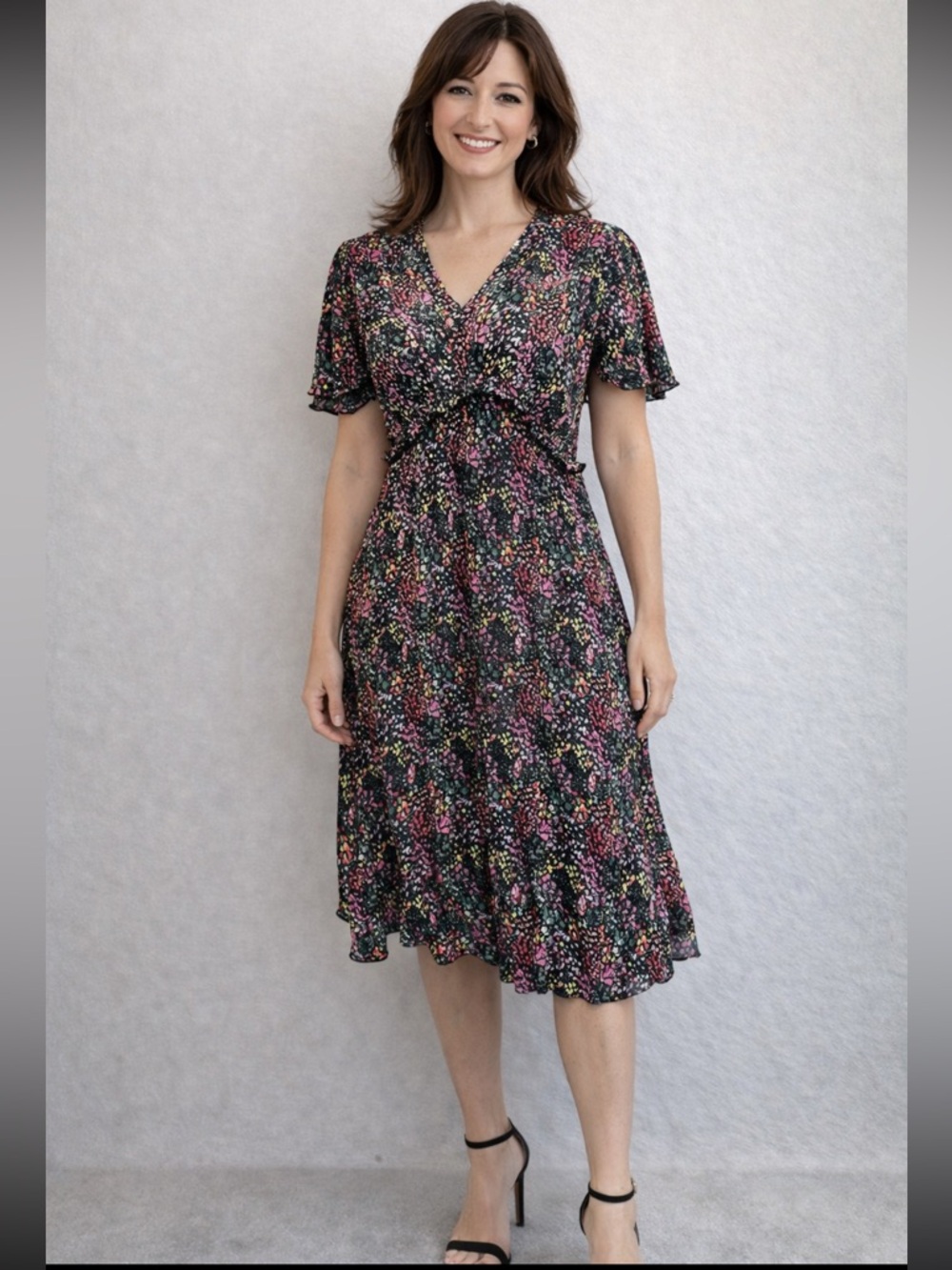 ZIP Floral Flutter Sleeve Midi Dress Smocked Waist Size EU 38